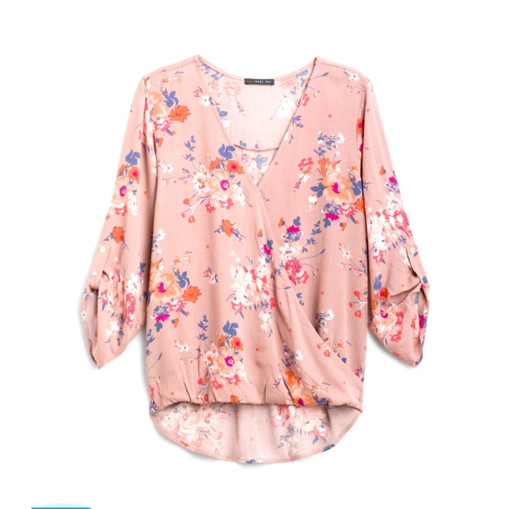 High low roll tab pink floral blouse